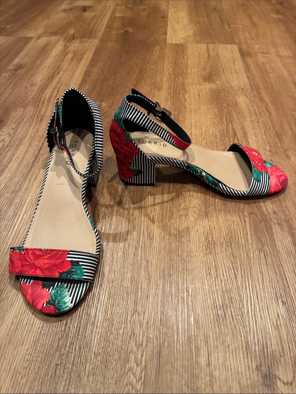 torrid Black & White Striped Block Heels with Red Floral Print